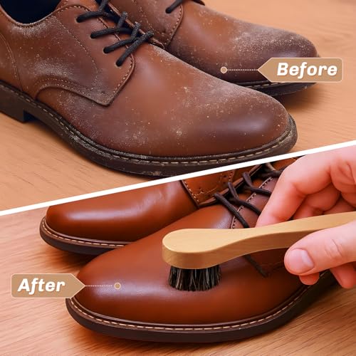 4 Pcs Horsehair Shine Shoes Brush Kit Polish Dauber Applicators Cleaning Leather Shoes Boots Care Brushes Suede Cleaner Brush with Microfiber Shoe Cloth(Wooden Handle A) - style: Wooden Handle A