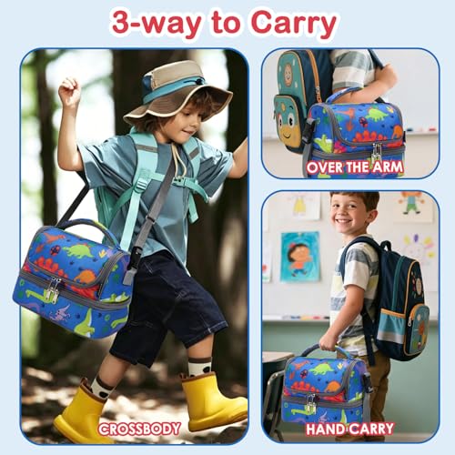 FlowFly Kids Double Decker Cooler Insulated Lunch Bag Large Tote for Boys, Girls, Men, Women, With Adjustable Strap, Dinosaur - color: Dinosaur