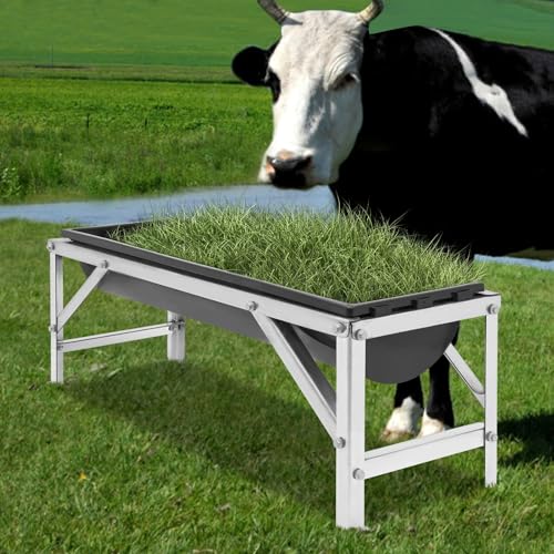 Livestock Feed Trough with Metal Stand 39" Long Large Capacity Livestock Feeder for Lambs Foals Calves Sheep Horses Alpacas and Goats in Farm (Silver+Black) - color: Silver+Black