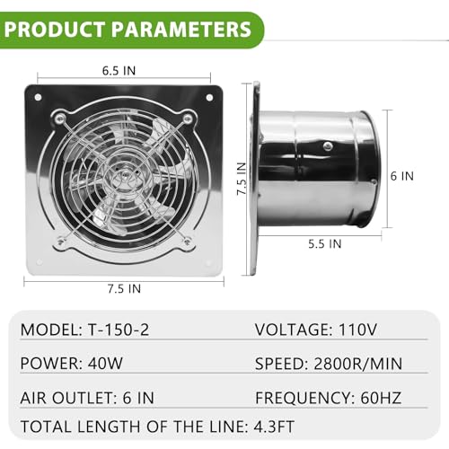 6 Inch Exhaust Fan with Speed Controller,235CFM Kitchen Exhaust Fan with Damper, 110V 40W Wall Ventilation Fan, Stainless Steel Extractor Fan for Window, Basement, Bathroom(6-inch Silver) - color: 6-inch Silver