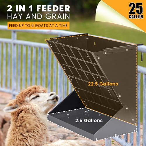Hay Feeder for Goats 25 Gallon Horse Hay Rack for Sheep | Wall Mount 2 in 1 Hay and Grain Feeder, Hanging, Adjustable, Durable Metal Material, No Waste Design, Easy to Install