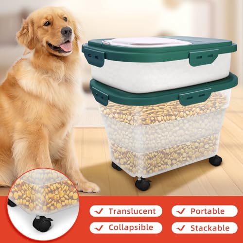 Airtight Dog Food Storage, Collapsible Pet Food Container 17-20 lb with Castors, Plastic Dog Food Bin with Pet Food Scoop & Measuring Cup for Dry Food Storage(green) - color: Green