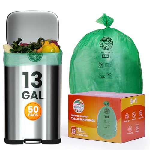 Trash bags 13+ gallon tall kitchen,Compostable Trash Lawn & Leaf Yard Waste Bags,Kitchen Compost Trash Bin Compatible,Extra Thick1.1 Mills,Certified by BPI and OK Compost(50count) - color: 13G-50count