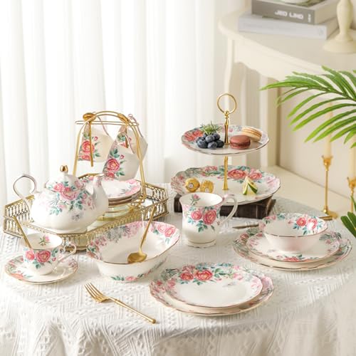 15 Piece British Bone China Tea Cup Sets, Elegant red Rose Pattern, Cups and Saucers Service for 4, with Teapot Sugar Bowl Cream Pitcher Teaspoons for Tea/Coffee, Gifts Set for Adults. - color: White and Red