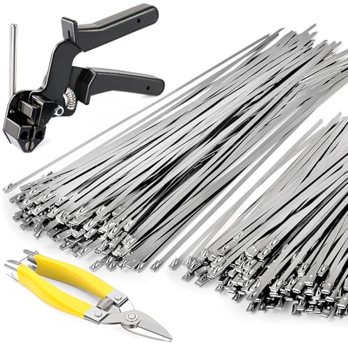 Stainless Steel Cable Tie Gun Kit + 200 Pcs Metal Zip Ties | All-In-One Dual-Size (11.8" & 7.8") Fastener Set with Industrial Shears for Farm Fence & Wire Mesh Repair