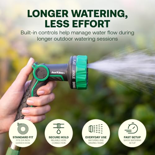 Rain Bird TCNZL8P Garden Hose Nozzle - 8 Pattern Thumb Control Water Spray | Adjustable Nozzle for Watering Plants, Outdoor Cleaning, Carbon Fiber Texture Grip, 3/4 In Threaded Connection, Green & Black - size: 8-Pattern
