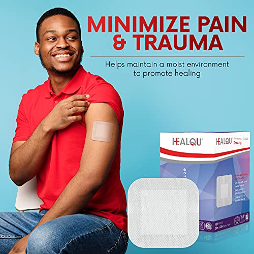 HEALQU Bordered Gauze Island Dressing - 50 Count, 2" x 2" Sterile Individually Wrapped Gauze Pads with Water-Resistant, Non-Woven Backing - Soft and Breathable Wound Dressing for First Aid and Medical - size: 2x2" (1x1" pad) Box of 50