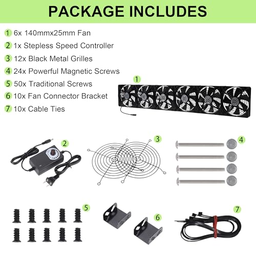 6x140mm PC Vent Cooling Fans with Magnetic Screws Kits and Adjustable Speed | Flexible 840mm 33.07inch Multi-Fan Cooling Fan Set with Magnetic Screws for Cabinet, Server, GPU Mining Rig, Chicken Coop