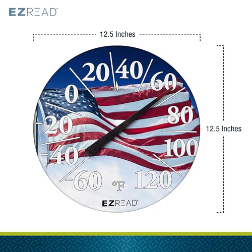EZREAD Hanging Dial Thermometer 840-1221 Weather Thermometers for Indoor and Outdoor Use, Large 12.5 Inch Diameter, Easy to Read Numbers, American Flag - color: Flag