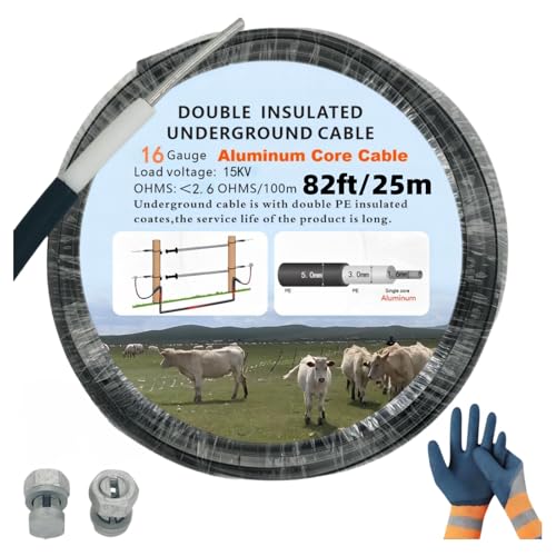 16 Gauge 82ft Electric Fence Double Insulated Wire | Heavy-Duty Underground Hard Cable, Aluminum Core Low Resistance, 15Kv. For Direct Burial, Under Gates. Includes Split Bolt - size: 25meters/82ft