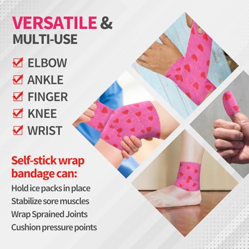 12 Roll 2 Inch x 5 Yards Heart Print Pet Vet Wrap for Dogs Cats, Cohesive Bandages in Bulk, Pink Non-Woven Self Adhesive Bandage Wrap Rolls for Pet Animals Wound Care, Ankle Sprain and Swelling