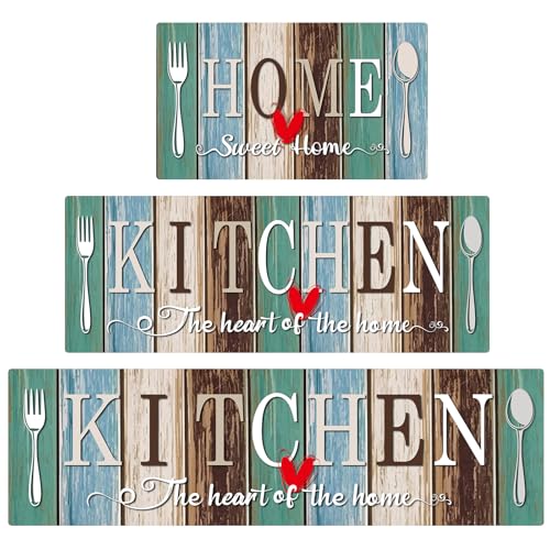 Kitchen Rugs Set 3 Piece, Non Slip Kitchen Mats for Floor, Soft Fabric with Rubber Backing, Farmhouse Anti Fatigue Runners Carpet for Home Kitchen Laundry Room Hallway (Rustic Teal Brown) - color: Rustic Teal Brown