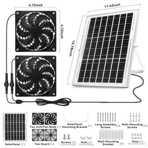 Solar Powered Fan Kit, Weatherproofed Exhaust Fan Air Ventilation Equipment with 25W Solar Panel and 2 High-Speed 5 Inch Dual Fans, Kit for Outside Chicken Coops, Pet House, Attics, Greenhouses, Shed