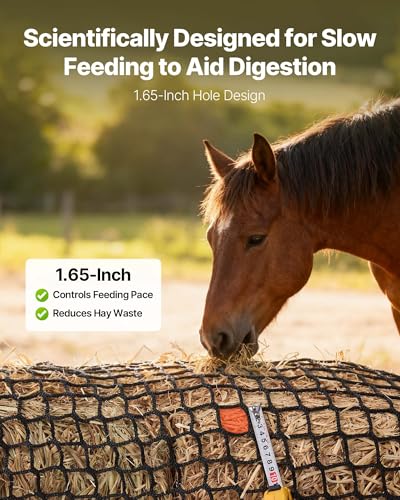 VEVOR Round Bale Hay Net, 4.92 x 4.92 x 4.92 ft, 1.65 inch Holes, PE Material, Knotless Design, with Self-Locking Zip Ties, Needle Shuttle, and Repair Twine, Slow Feeder Round Bale Net for Horses - size: 4.92 x 4.92 x 4.92 ft