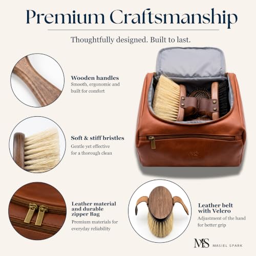 Premium Horse Brushes Set (4 Pieces) - Essential Equine Care Set with Beechwood Brushes, Natural Bristles, and Handcrafted Leather Bag - Luxury Gift for Horse Riders and Owners