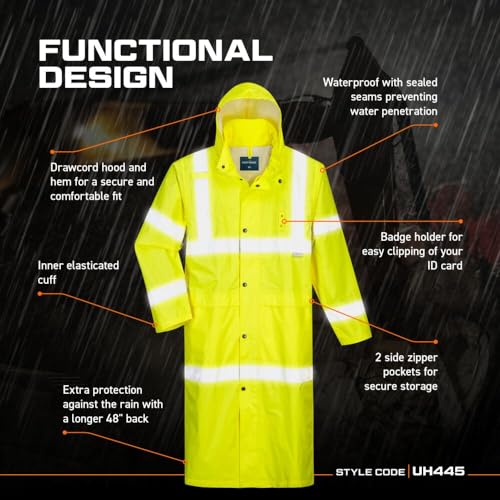 Portwest UH445 Men's Classic Raincoat Waterproof Hi Vis Reflective Long Rain Jacket ANSI Class 3 Yellow | Yellow, X Large, ANSI/ISEA 107 Class 3, Regular Fit, 100% Polyester, Inner Elasticated Cuff, 2 Side Zipper Pockets, Zip Front - color: Yellow, size: