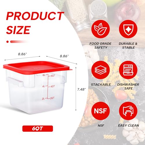 4 Pack 6QT Square Food Storage Containers with Lids | Clear NSF polycarbonate containers with scale, label and measuring cup, stackable for prep, storage, freezer. Dishwasher safe - color: 6Qt