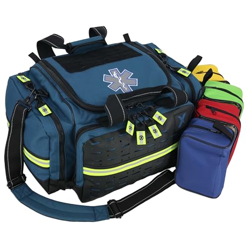 Lightning X LXMB35 EMT Trauma Bag – Large ALS Medical Bag with 6 Color-Coded Pouches, MOLLE Panel, Waterproof Bottom, Reflective EMS Gear for First Responders - color: Blue