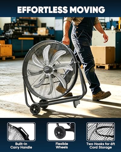 KEN BROWN 24 Inch Industrial Shop Fan, TurboSweep 8 Blades High Velocity Drum Fan, 9500 CFM, Heavy Duty 3 Speeds, 360° Adjustable Tilt for Industrial Commercial Gym Garage - size: 24 Inch Floor Fan