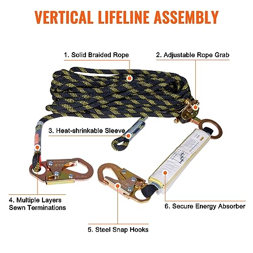 VEVOR Vertical Lifeline Assembly, 0.55'' x 25' Fall Protection Rope with 30 KN Breaking Tension, Polyester Roofing Rope with Steel Snap Hooks, Rope Grab, and Shock Absorber, ANSI Compliant - size: 25FT