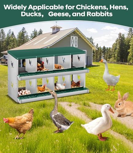 8 Compartment Chicken Nesting Boxes, Metal Roll Away Egg Laying Boxes with Removable Tray & Lid Cover, Chicken Coop Nest Box for Hens, Egg Protection Design (Without Legs) Green - color: Green, size: 8 hole - without leg