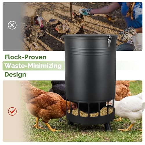 Solution4Patio 65 LB Large Chicken Feeder No-Waste, Portable Gravity Chicken Feeder Automatic, Dispenser, 16 Feeding Ports Poultry Feeder, Hen Coop (Black)
