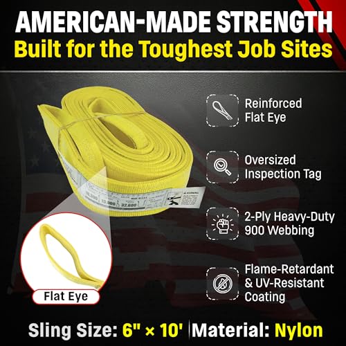 DD Sling 6 Inch x 10 Foot Nylon Lifting Sling – USA Made, 16,300 lb Vertical, 13,000 lb Choker, 32,600 lb Basket – 2-Ply Heavy Duty 900 Webbing, Type 3 Flat Eye & Eye Rigging Sling - size: 6" x 10'