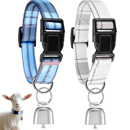 2 Pack Goat Collars with Bells, Sheep Grazing Copper Bells and Adjustable Nylon Collar Set Loud Bronze Bell Small Farm Animal Sheep Cow Accessories(Blue, White,Plaid Pattern) - style: Plaid