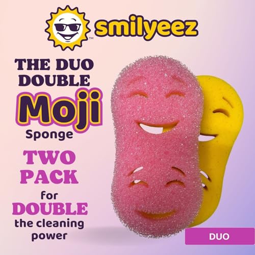 Smilyeez Double-Size Scrub Moji Duo Sponge 2-Pack – Dual Smiling Faces, Temperature-Responsive Scrubber – Scratch-Free, Odor & Stain Resistant - color: Pink Double Duo