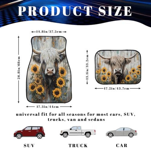 Cow Car Floor Mats Sunflower Rustic Farmhouse Wood Barn Carpet Front Rear Carpets Mat Decorative Car Floor Carpets Non-Slip Auto Car Accessories Universal Fit for Car SUV Truck Van - color: Cow