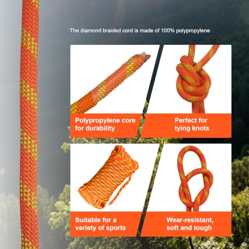 50m Climbing Rope 5/16" for Rescue & Mountaineering, UIAA | High-strength nylon, 8mm 164ft, orange, abrasion & UV resistant, ideal for trekking & outdoor work