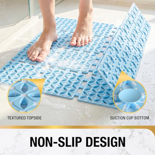 HITSLAM Shower Mat Anti Slip, 24x24 Inch Cut to Fit No Odor Soft TPE Shower Stall Mat, Square Bath Mat with Suction Cups and Drain Holes, Soft on Feet, Blue - color: Blue