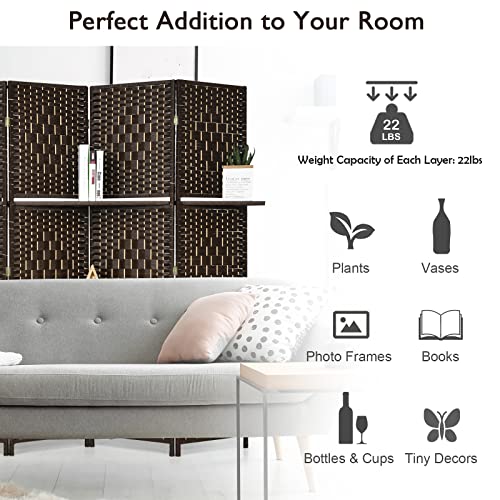 Giantex 6Ft 6 Panel Room Divider with Shelves, Freestanding Hand-Woven Rattan Folding Privacy Screens for Room Separation, Wooden Partition Room Divider Wall for Home Office Studio Separator - color: Brown