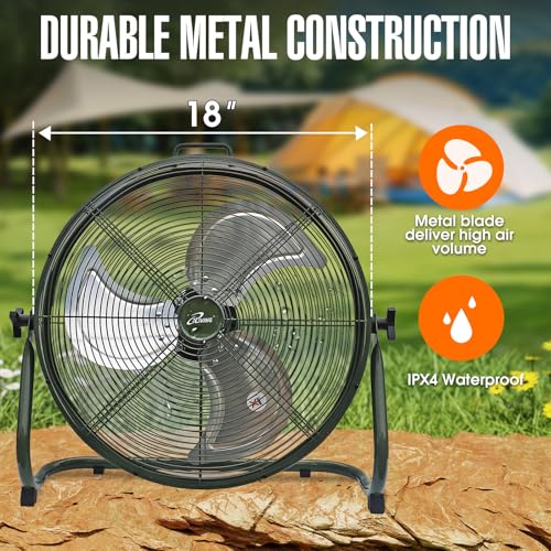 iLiving 18" Rechargeable Battery Operated Camping Floor Fan, High Velocity Portable Outdoor Fan with Metal Blade, With Built-in Lithium Battery for Whole Day Usage, 18 Inches, Military Green - size: 18 In