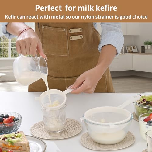 Luckyiren Kefir Strainer Set, 2-Size Plastic Non-Metal Sieve with Fine Mesh | 6.3" & 3.9" Diameter Double-size for Kefir Grains, Milk Kefir, Water Kefir & Kombucha - Durable, Food Grade & Easy Clean - color: White