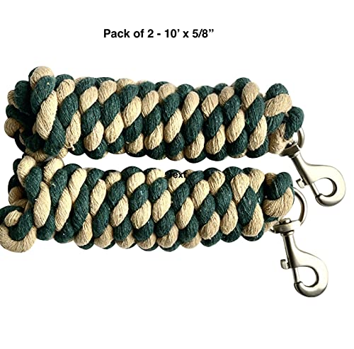 Majestic Ally Pack of 2 Solid Cotton Lead Rope for Horses & Livestock – 10 Foot Long and 5/8 inch Thick - Replaceable Heavy-Duty Satin Bolt Snap – Handmade – Soft, Broken in Feel (Hunter Green -Tan) - color: Hunter Green -Tan