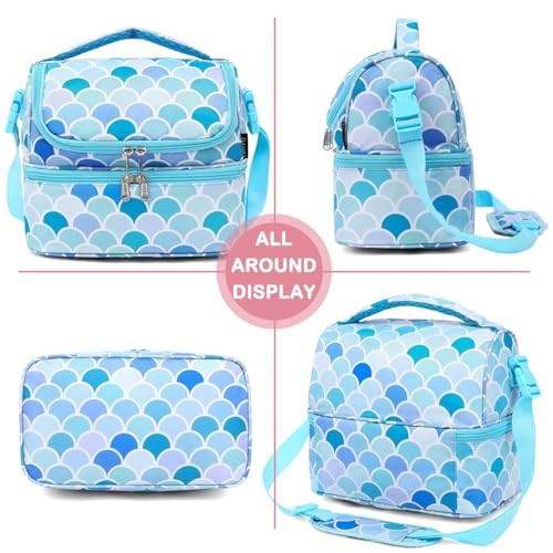 FlowFly Double Decker Cooler Insulated Lunch Bag Large Tote for Boys, Girls, Men, Women, With Adjustable Strap (Mermaid) - color: Mermaid
