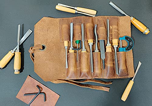 Leather Tool Roll Up Pouch - Leather Tool Wrench Roll/Chisel Bag by Rustic Town | Fit Carving & Hand Tools up to 9 inches, Compact Carry for Woodworkers, Electricians and DIY Projects, Secure Tie Closure