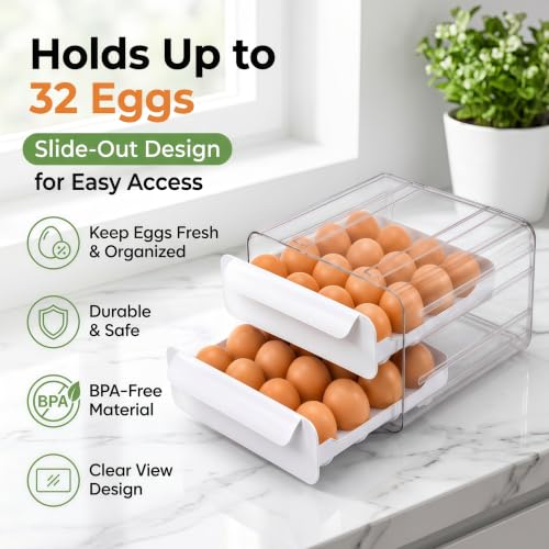 2 Tier Egg Holder for Fridge, Pull Out Egg Organizer for Refrigerator, Double Layer Egg Container for Refrigerator