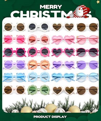 Sumsun Kids Sunglasses Bulk Party Favors 24 Packs Boys Girls Age 3-8 with UV400 Protection for Birthday Graduation Party Supplies (Grid 16 Pack) - style: Color-24pairs-christmas