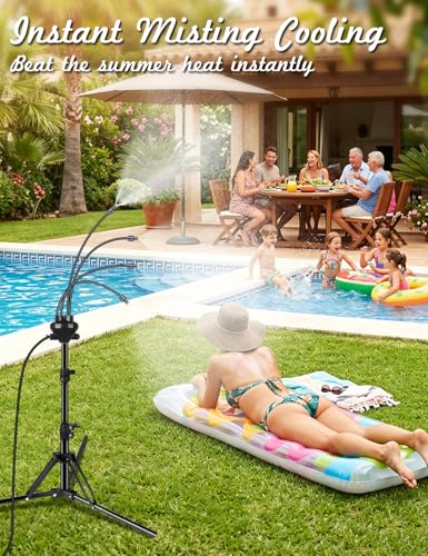 Standing Misters for Outside Patio, Adjustable Height 5.25FT Misting System for Cooling Outdoor, Portable Water Mister with 26.5FT Misting Line for Garden, Backyard,BBQ Party Pool Water Playing