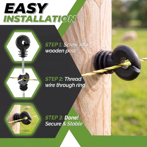 Tudomro 102 Electric Fence Wire Kit 100 Electric Fence Insulators 1 Roll of 3mm 656ft Stainless Steel Polywire 1 Insulator Socket Tool for Reliable Conductivity & Rust Resistance