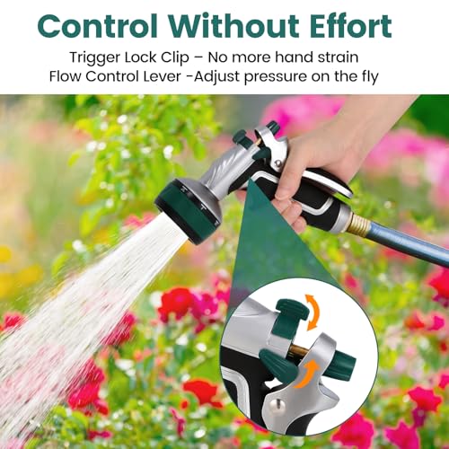 Garden Hose Nozzle, Heavy Duty Metal Water Hose Sprayer Nozzle with 8 Spray Patterns, High Pressure Handheld Nozzle with Flow Control for Lawn & Plant Watering, Car Washing – Forest Green