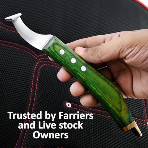 – Super Sharp Hoof Knife with Brass End | Precision-Sharpened Stainless Steel Blade & Wooden Handle | Pro Farrier Hoof Trimming Tool for Horses & Equine (Green, Left-Hand)