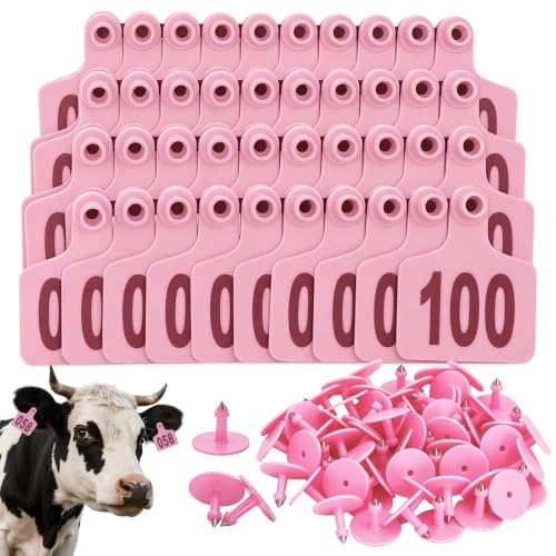 Cattle Ear Tags 001-100 Numbered Large Plastic Livestock Ear Tag Pink | L3'' x W 2.5'' For Sheep Calf Goat Pig,Animal Id Tags For Ranch & Farm Herd Tracking, Laser Print Fade-Resistant, Copper Head - color: Pink, size: 001-100