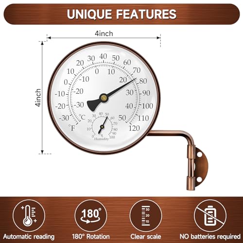 4 Inch Brass Outdoor Thermometer & Humidity Gauge, Analog Dial | Weatherproof Window Thermometer Hygrometer, °F/°C Dual Scale Battery Free, Adjustable Swivel Bracket for Patio, Greenhouse