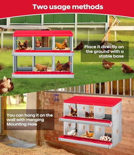 6 Compartment Chicken Nesting Box, Heavy Duty Metal Laying Box with Perch, Easy Assembly & Easy Clean for Outdoor Chicken Coop, Red - color: Red, size: 6 Compartment
