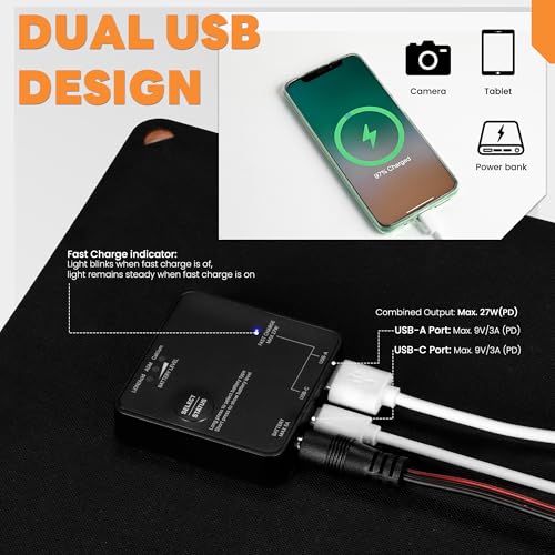 FieryRed 20W 12V Solar Panel Car Battery Charger & Maintainer, Foldable Trickle Charger with Built-in Controller, Cig Plug, Alligator Clips, USB-C, USB-A Outputs for Car, Boat, RV, Tractor - size: 20W