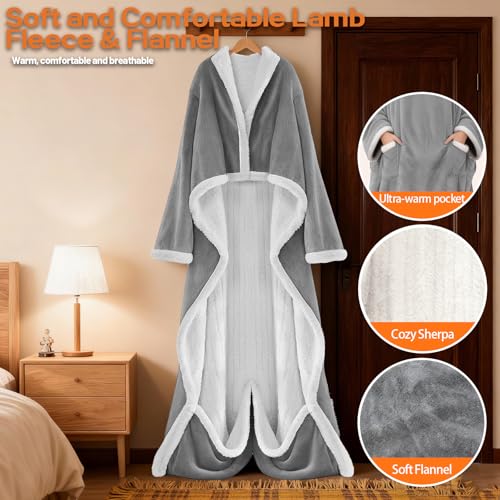 Wearable Heated Blanket With Sleeves & Foot Pocket, Heated Throw Blankets Fast Heating Blanket With 10 Heat Settings Auto Shut Off Over-Heat Protection-Warm Gift, Machine Washable, 52”*72”+18” - color: Light Gray