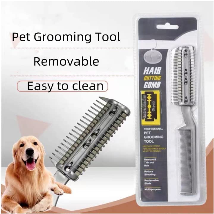 2Pcs Razor Comb for Dogs Cats with Extra Blades Double Sides Pet Razor Comb Trimming & Grooming Hair Cutter Comb Trimmer Grooming Comb for Dog Cat (Silver)